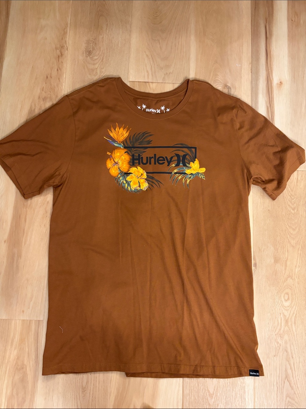 Hurley Men's Brown Tee with Yellow Floral Logo